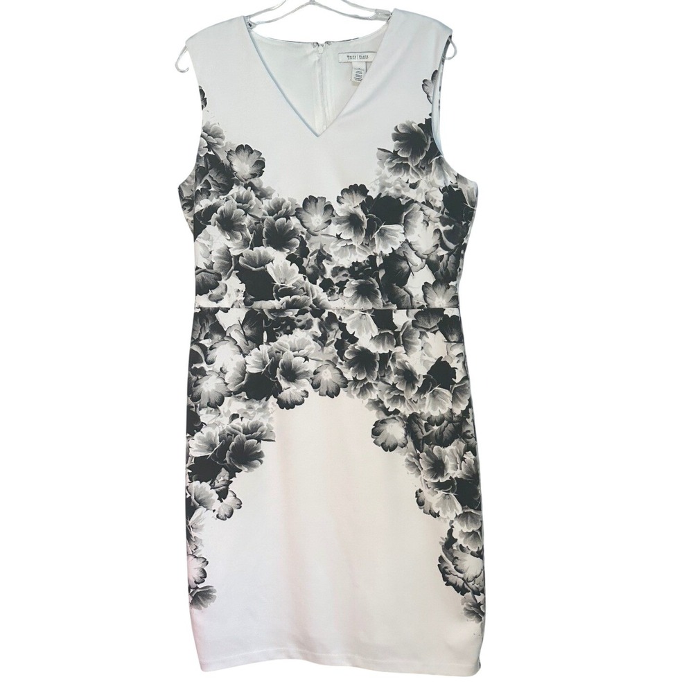 White House Black Market Sheath Dress Scuba White Black Floral Cocktail Party 14